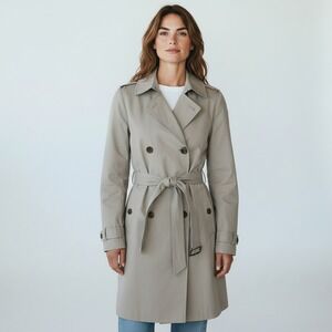 NWT QMack Trench Coat Women Med Khaki Belted Double Breasted Spring Rain Outdoor